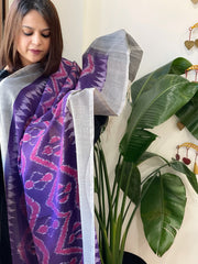 Purple, Grey Handwoven Ikat Dupatta in Cotton - Masakalee