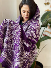 Purple Handmade Nakshi Kantha Dupatta in Pure Silk - Masakalee