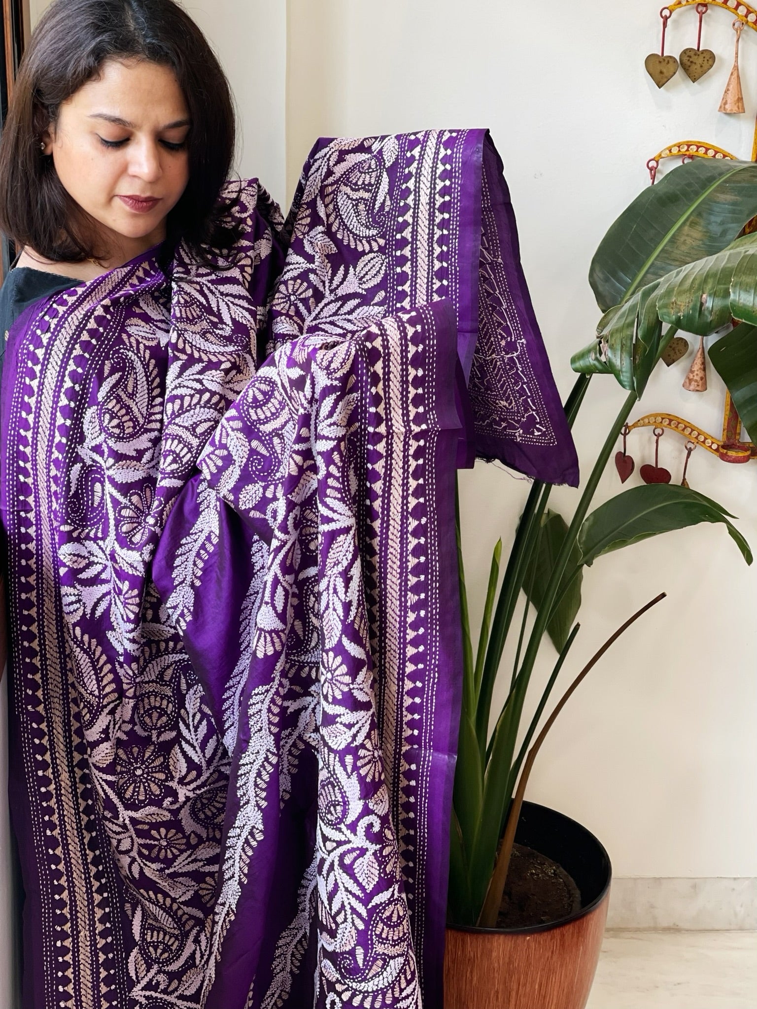 Purple Handmade Nakshi Kantha Dupatta in Pure Silk - Masakalee