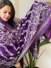 Purple Handmade Nakshi Kantha Dupatta in Pure Silk - Masakalee