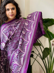 Purple Handmade Nakshi Kantha Dupatta in Pure Silk - Masakalee