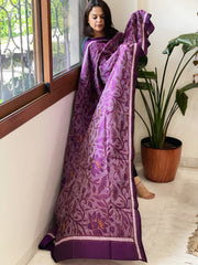 Purple Handmade Reverse Nakshi Kantha Dupatta in Pure Silk - Masakalee