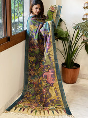 Purple Handpainted Kalamkari Dupatta with Thread & Mirror Handwork in Chanderi Silk - Masakalee