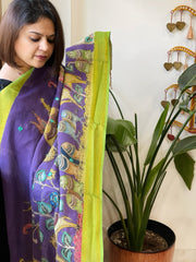 Purple Handpainted Kalamkari Dupatta with Thread & Mirror Handwork in Chanderi Silk - Masakalee