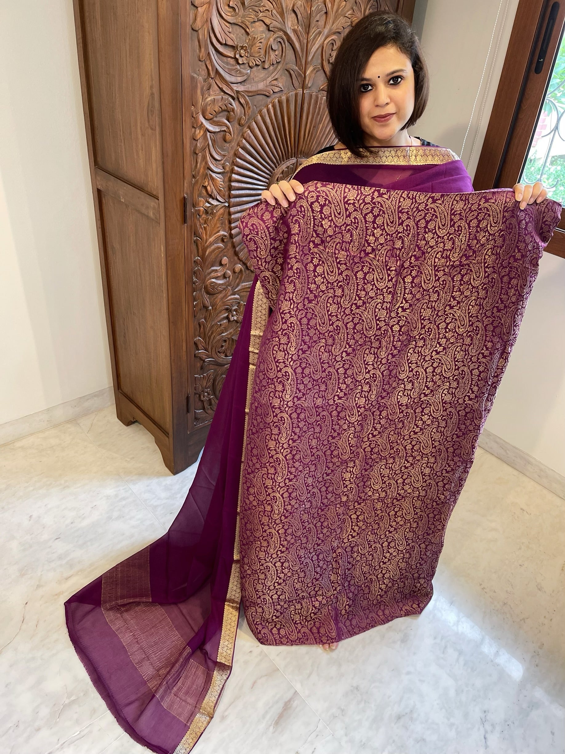 Purple Handwoven Brocade Suit Set in Pure Crepe - Masakalee