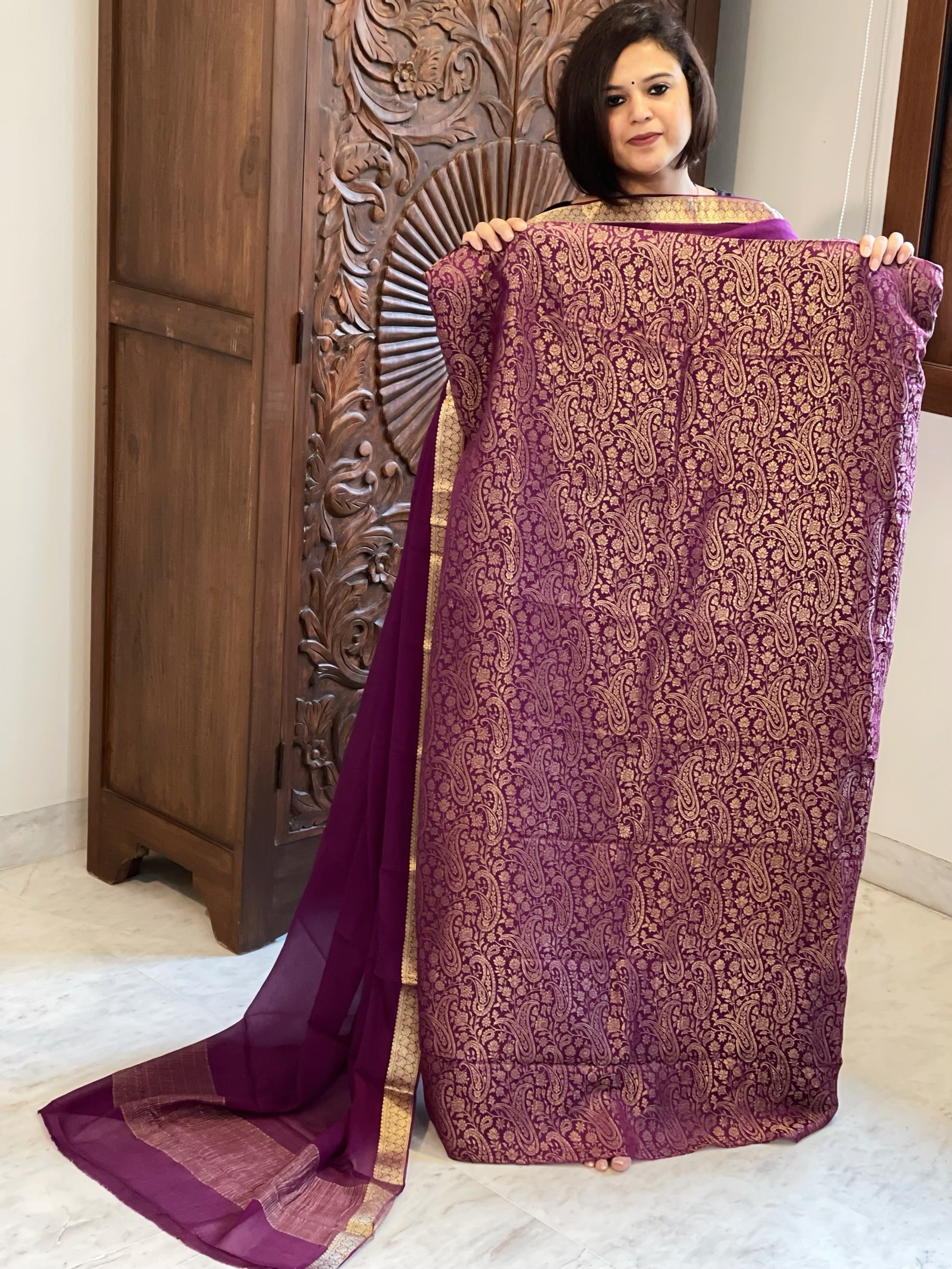 Purple Handwoven Brocade Suit Set in Pure Crepe - Masakalee