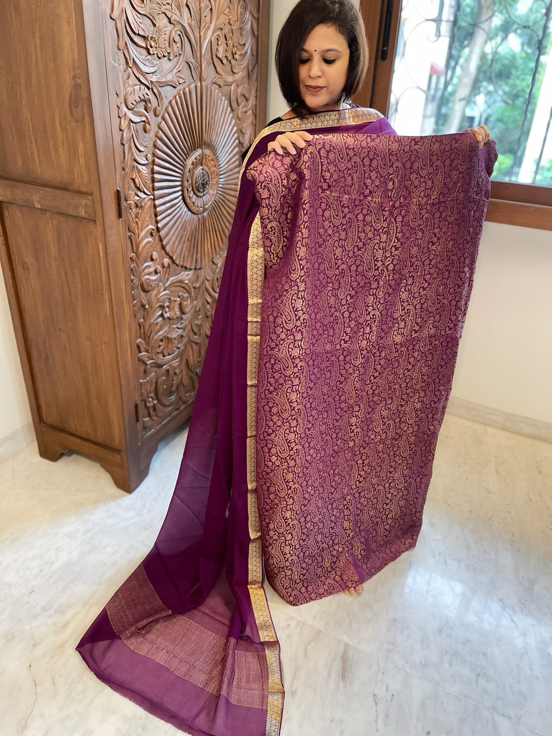Purple Handwoven Brocade Suit Set in Pure Crepe - Masakalee