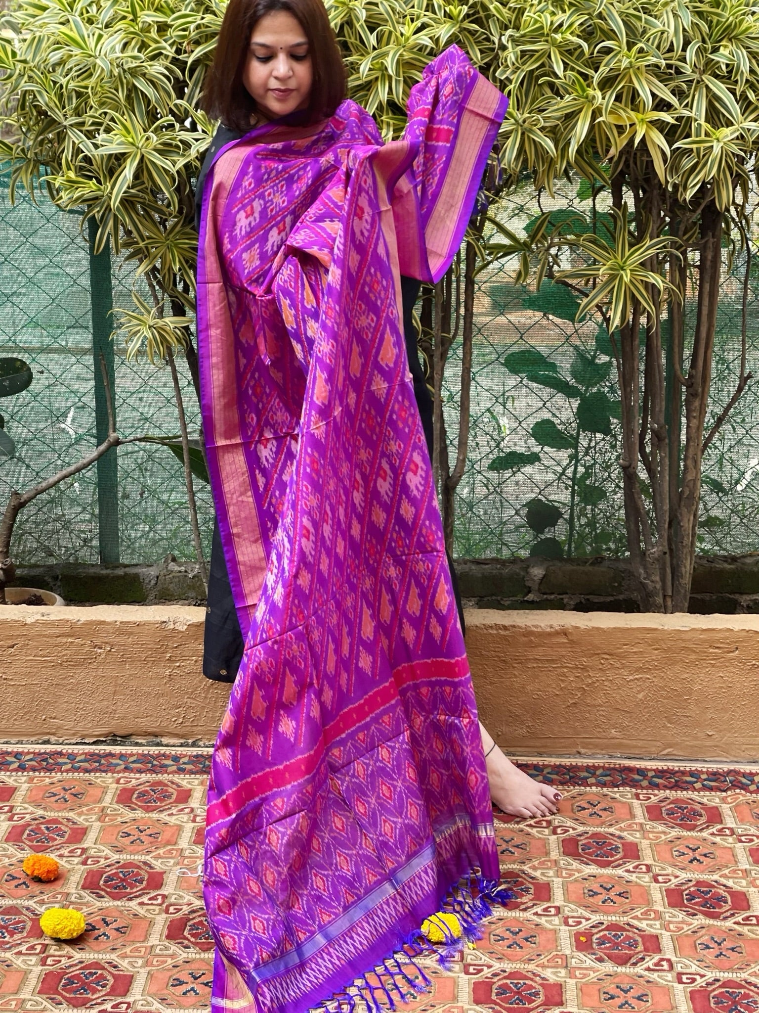 Purple Handwoven Ikat Dupatta Pure Silk - Cotton - Masakalee