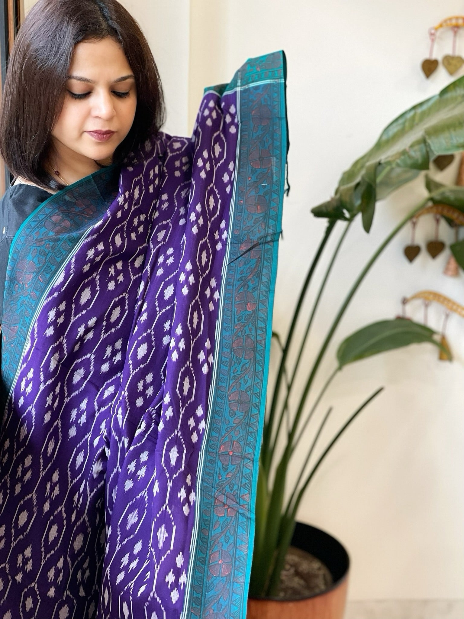 Purple Handwoven Ikat Dupatta with Handpainted Madhubani in Cotton - Masakalee