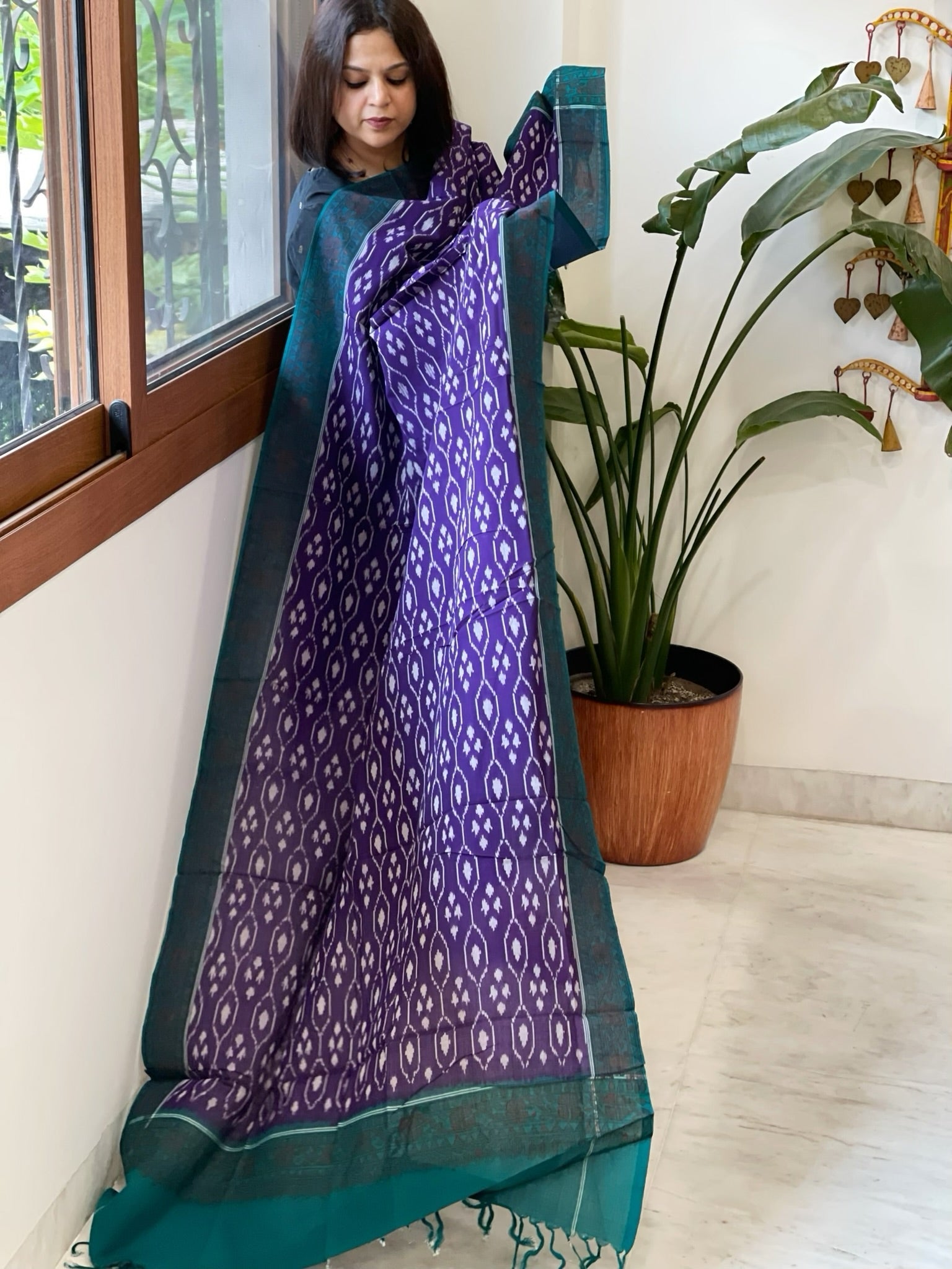 Purple Handwoven Ikat Dupatta with Handpainted Madhubani in Cotton - Masakalee