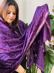 Purple Handwoven Muga Silk dupattas with Hand Embroidery - Masakalee