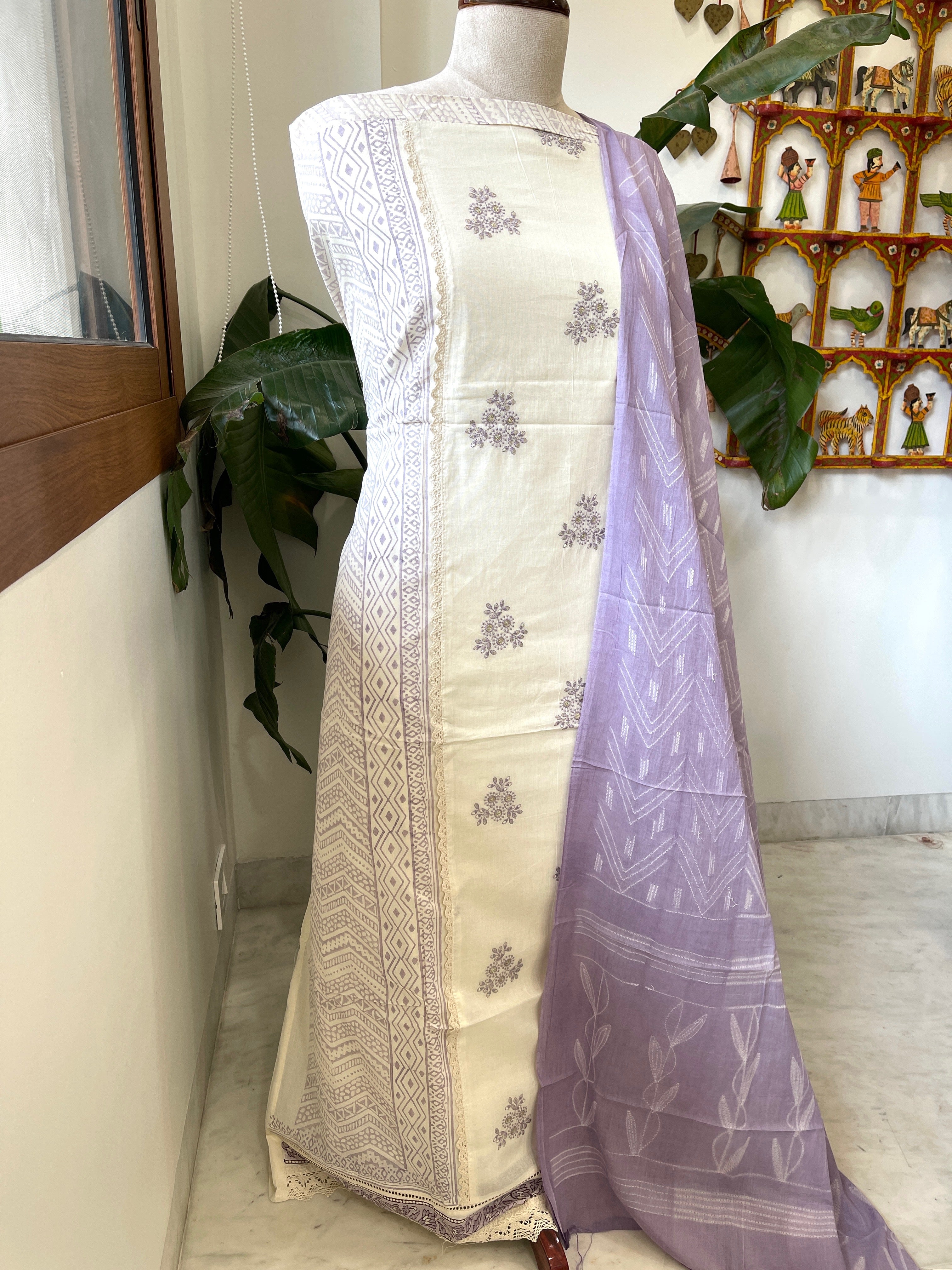 Purple, Ivory Handblock Printed Embroidered Suit Set with Lace Detailing in Pure Cotton - Masakalee