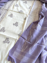 Purple, Ivory Handblock Printed Embroidered Suit Set with Lace Detailing in Pure Cotton - Masakalee