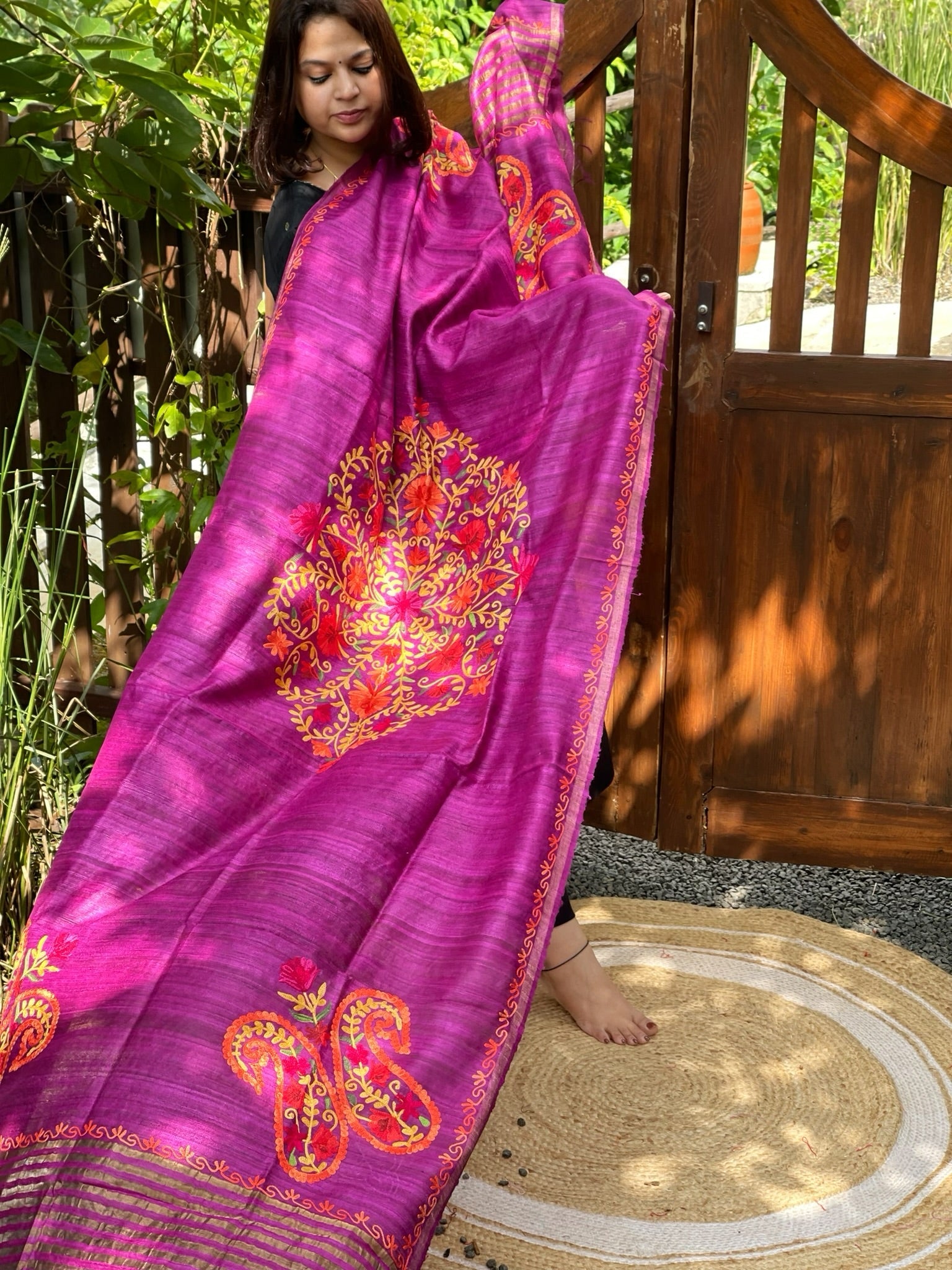 Purple Kashmiri Aari Embroidered Dupatta in Geecha Silk - Masakalee