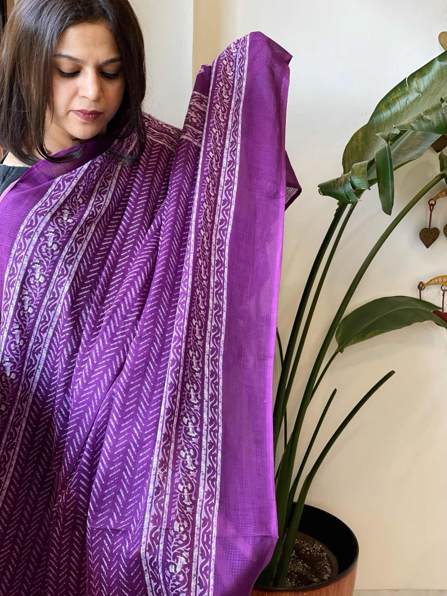 Purple Kota Cotton Handblock Printed Dupatta - Masakalee