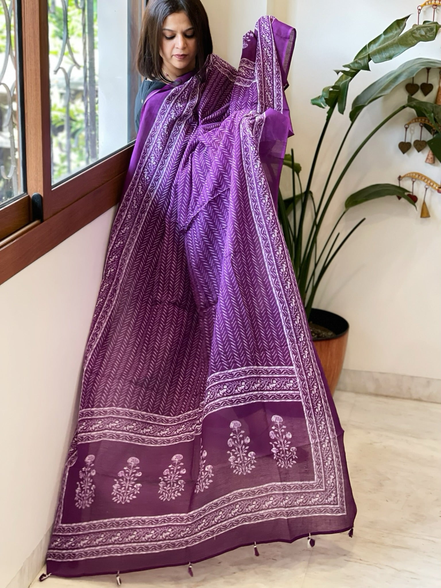 Purple Kota Cotton Handblock Printed Dupatta - Masakalee