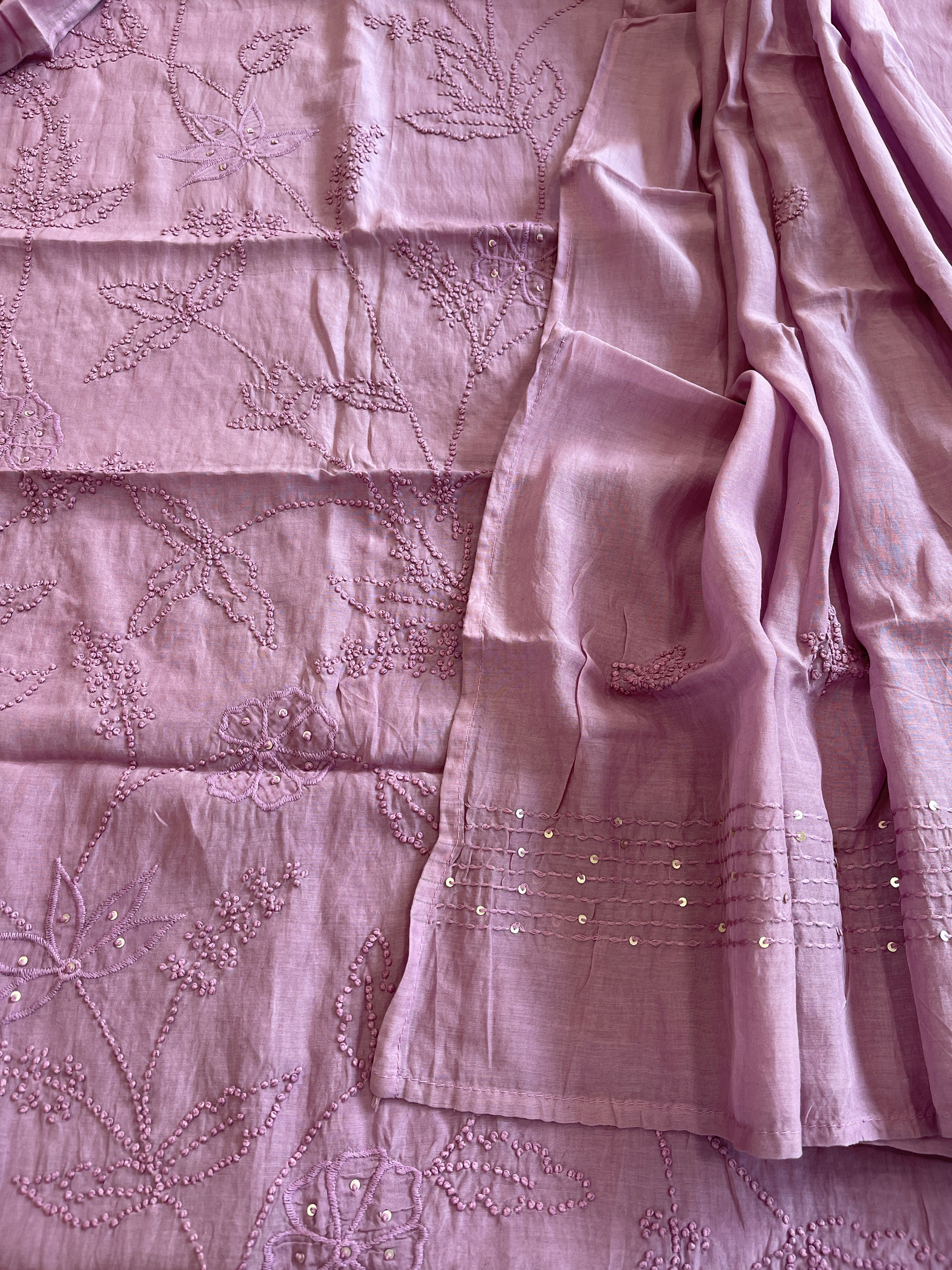 Purple Mul chanderi Suit Set With Knot & Sequin Handwork - Masakalee