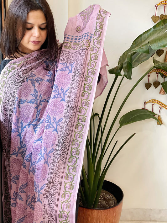 Purple Mul Cotton Handblock Printed Dupatta - Masakalee