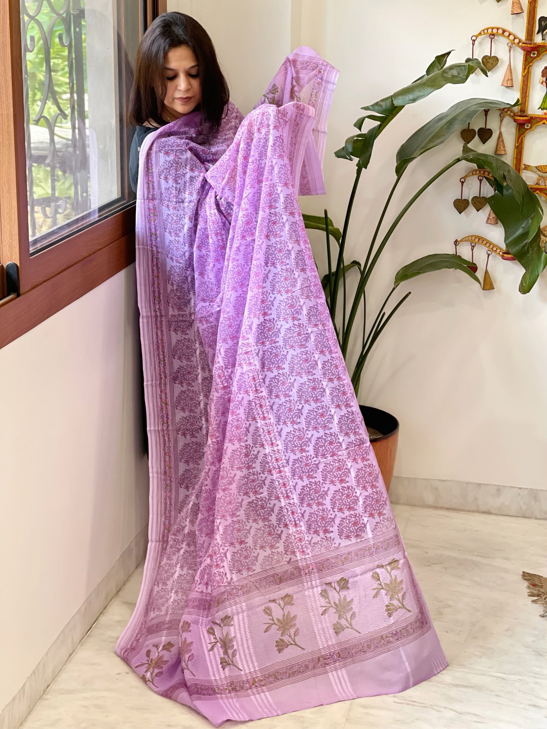 Purple Mul Cotton Handblock Printed Dupatta - Masakalee