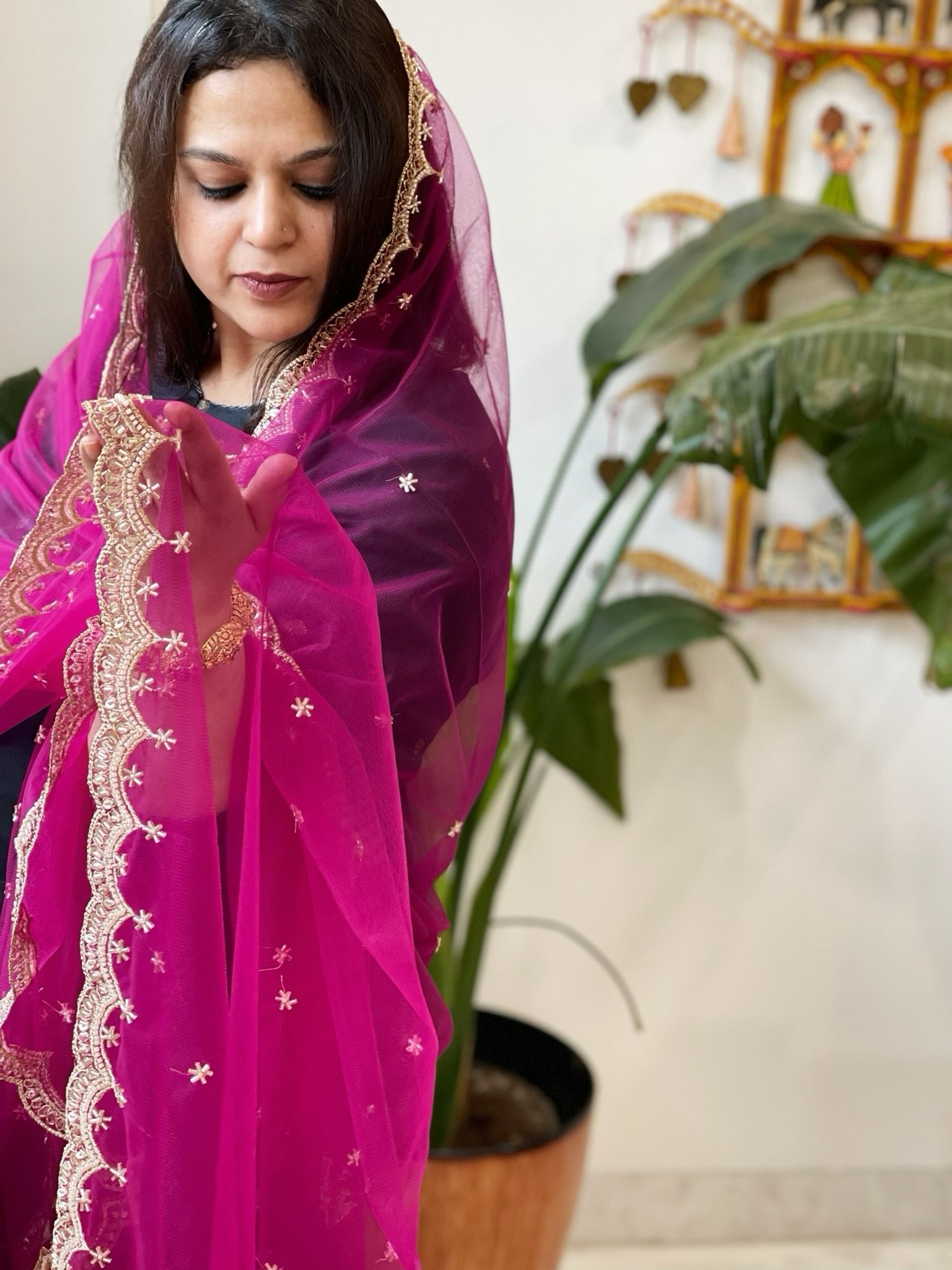 Purple Net Dupatta with Pearl, Sequin and Cut Daana Embroidery - Masakalee