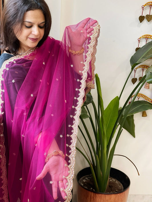 Purple Net Dupatta with Pearl, Sequin and Cut Daana Embroidery - Masakalee