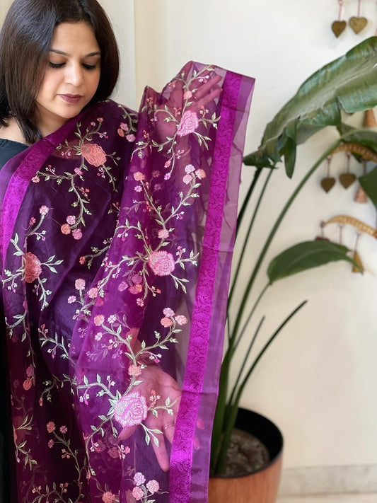 Purple Organza Dupatta with Thread Embroidery - Masakalee