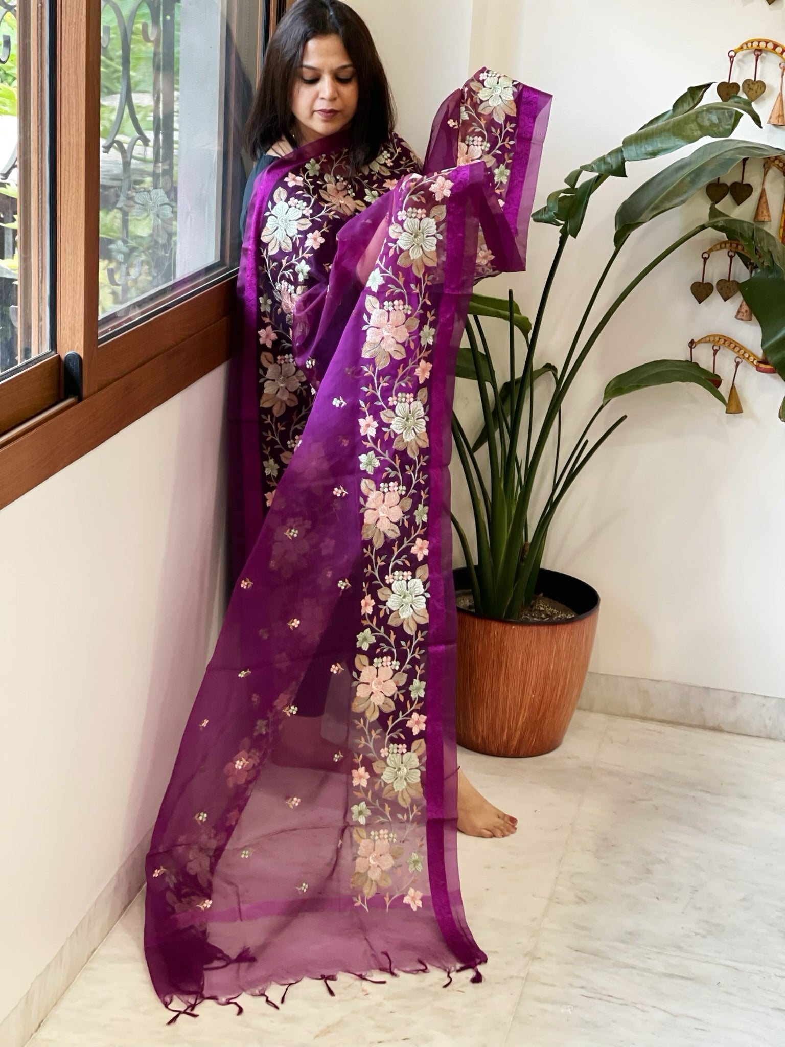 Purple Organza Dupatta with Thread Embroidery - Masakalee