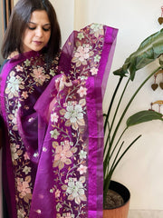 Purple Organza Dupatta with Thread Embroidery - Masakalee