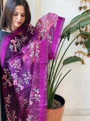 Purple Organza Dupatta with Thread Embroidery - Masakalee