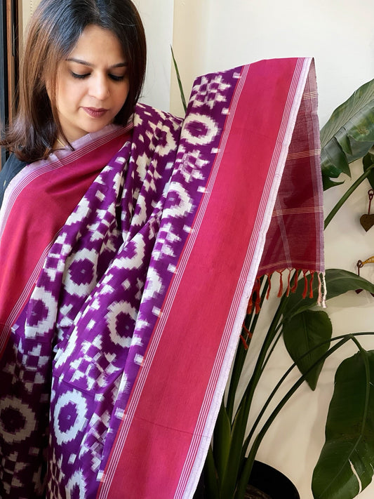 Purple, Pink Double Ikat Telia Rumal Dupatta in Cotton - Masakalee