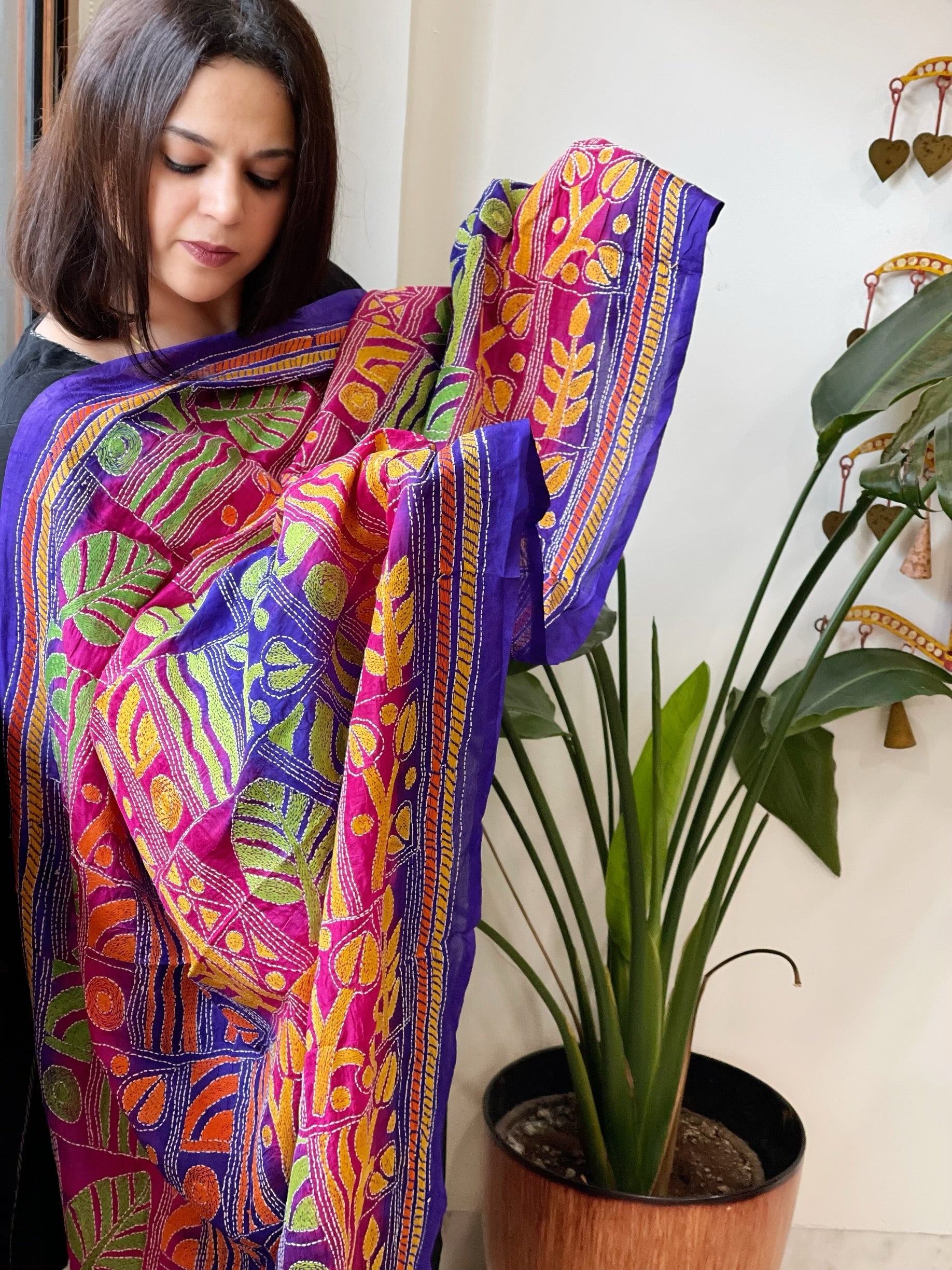 Purple, Pink Handmade Kantha Dupatta in Silk - Masakalee