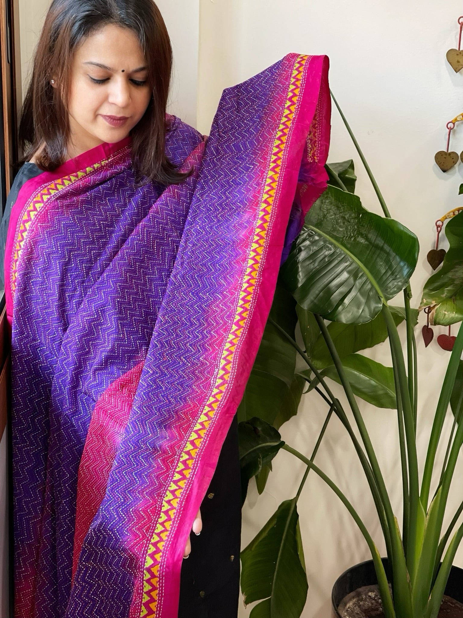 Purple, Pink Handmade Kantha Dupatta in Silk - Masakalee