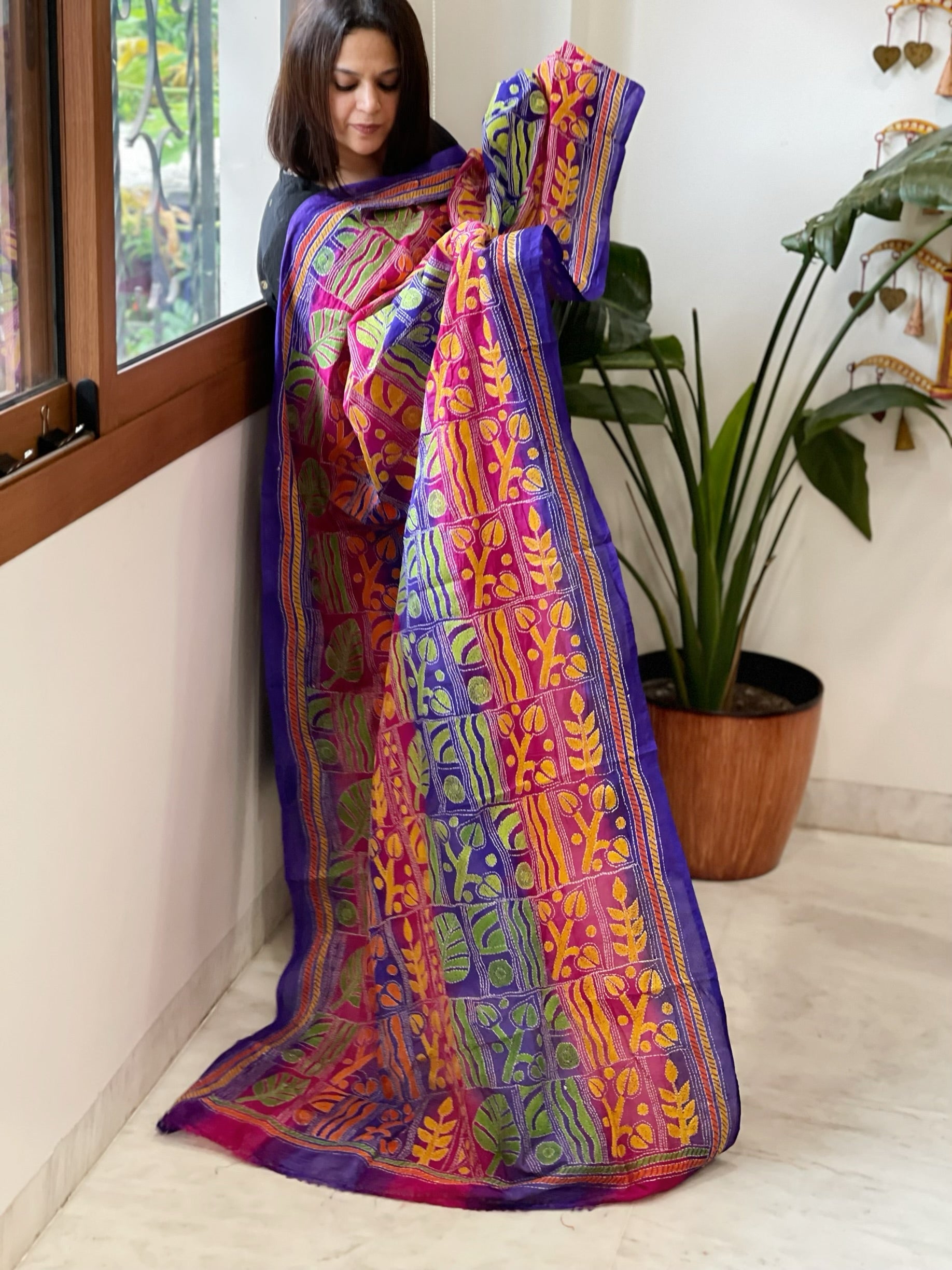 Purple, Pink Handmade Kantha Dupatta in Silk - Masakalee