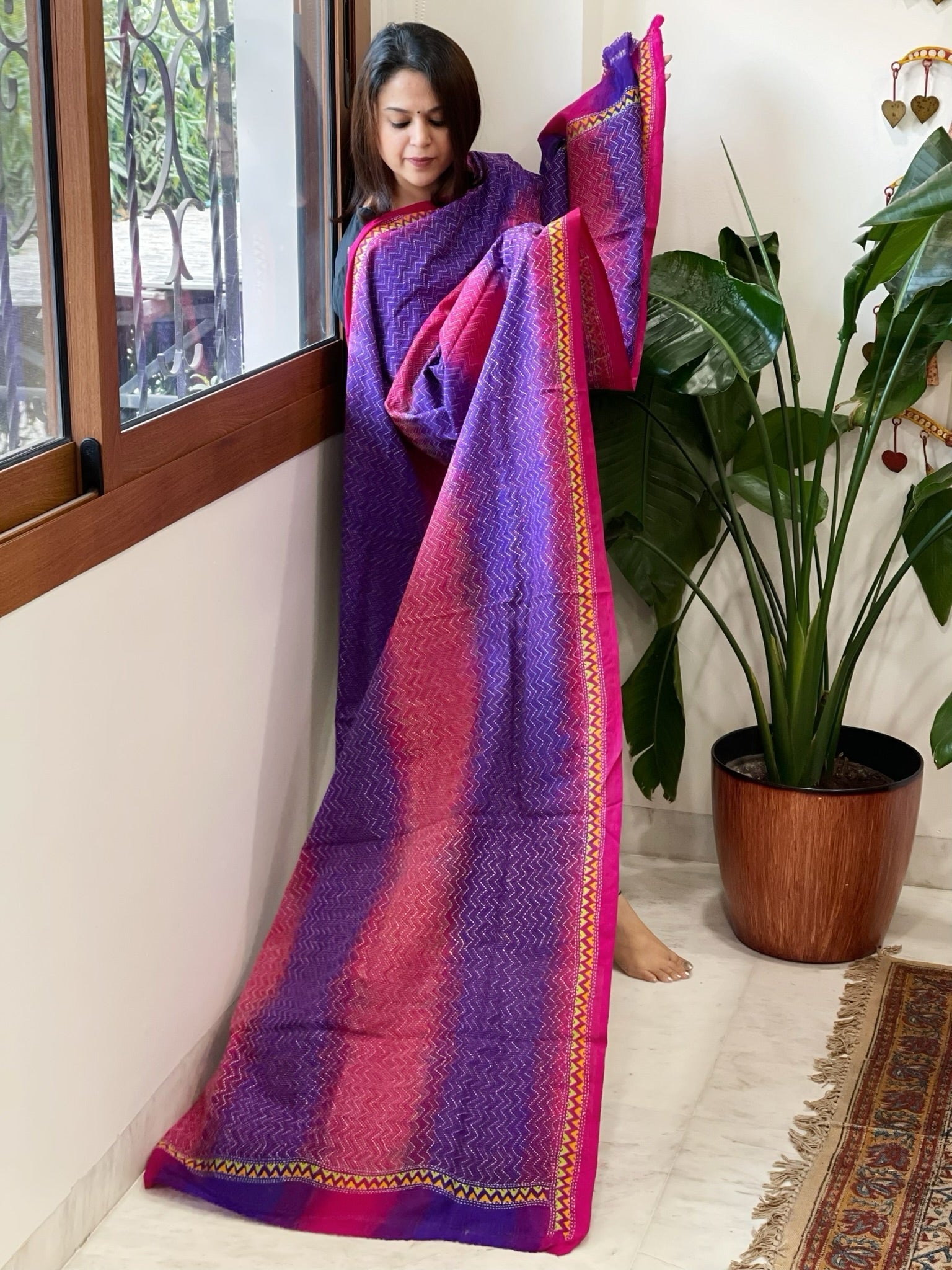 Purple, Pink Handmade Kantha Dupatta in Silk - Masakalee