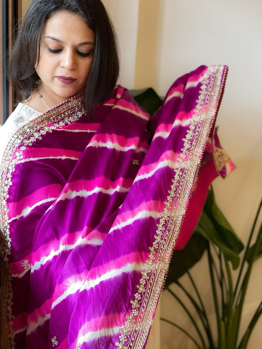 Purple, Pink Handmade Leheriya Dupatta with Gotapatti and Pearl Handwork in Pure Gajji Silk - Masakalee