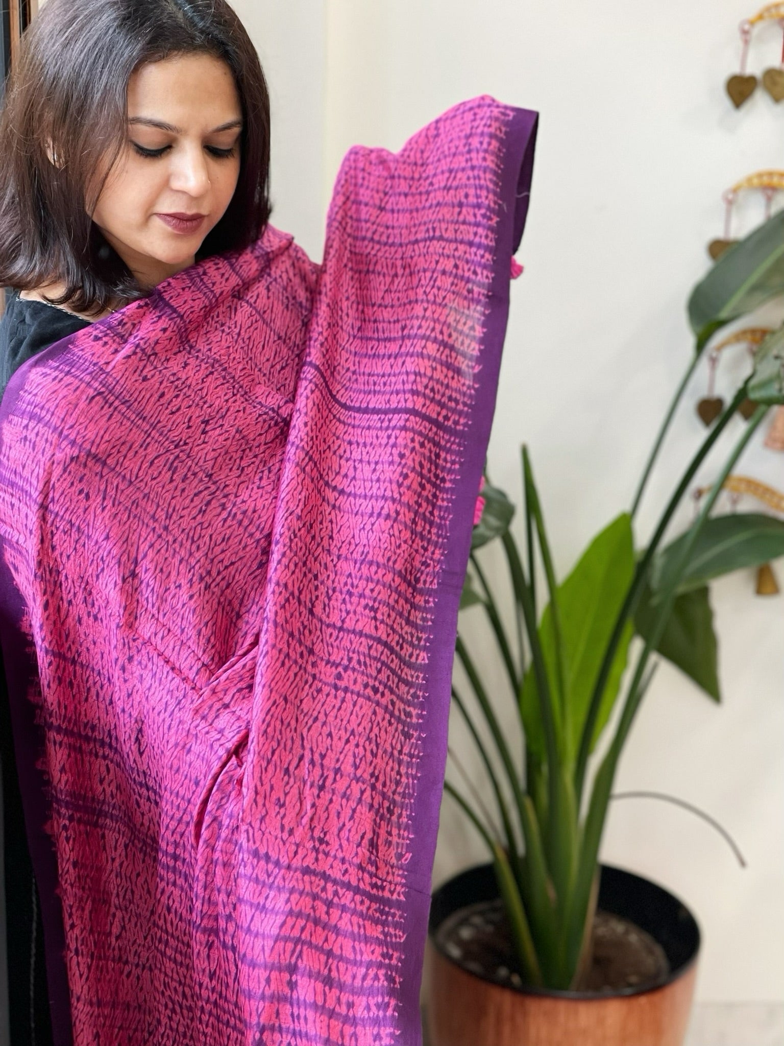 Purple, Pink Handmade Shibori Dupatta in Eri (Ahimsa) Silk - Masakalee