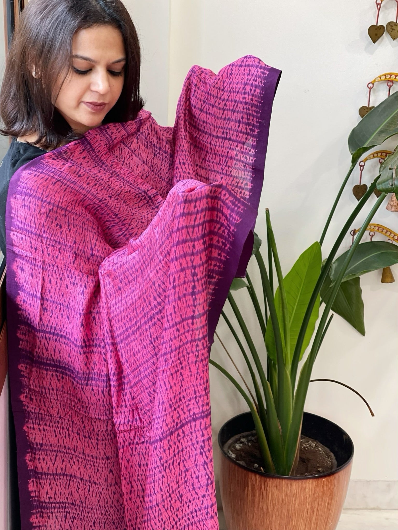 Purple, Pink Handmade Shibori Dupatta in Eri (Ahimsa) Silk - Masakalee