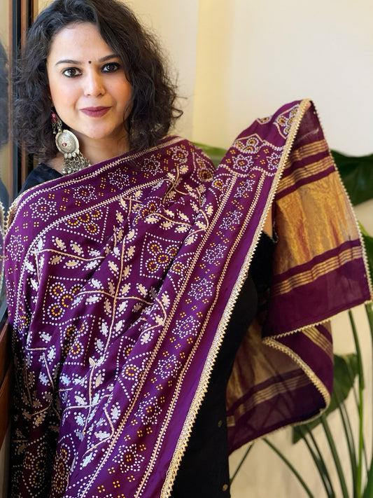 Purple Printed Bandhej Chanderi Dupatta with Leather Gotapatti Work - Masakalee
