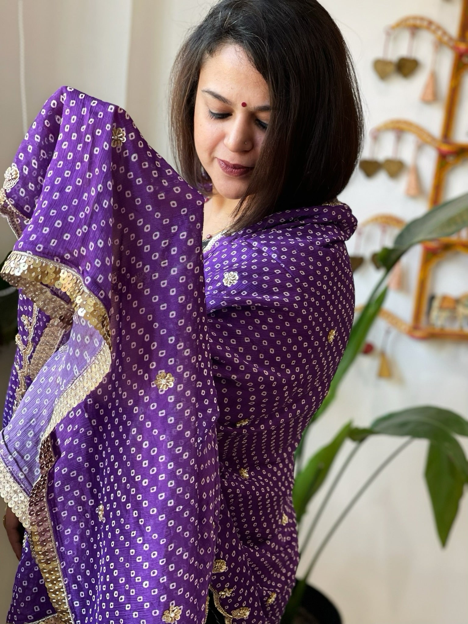 Purple Printed Bandhej Chinon Dupatta with Sequin Butas and Border - Masakalee