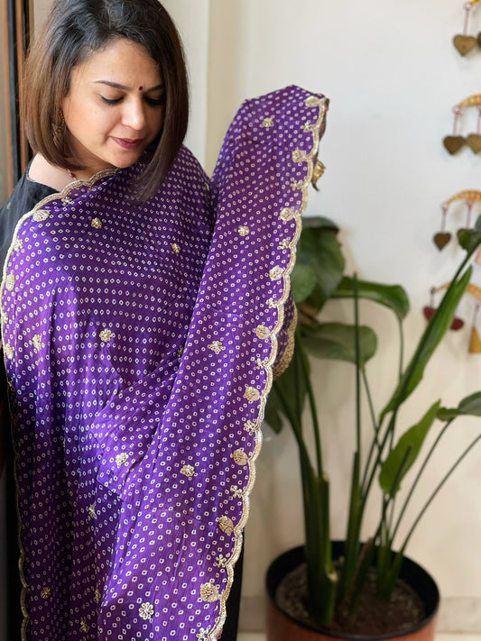 Purple Printed Bandhej Chinon Dupatta with Sequin Butas and Border - Masakalee