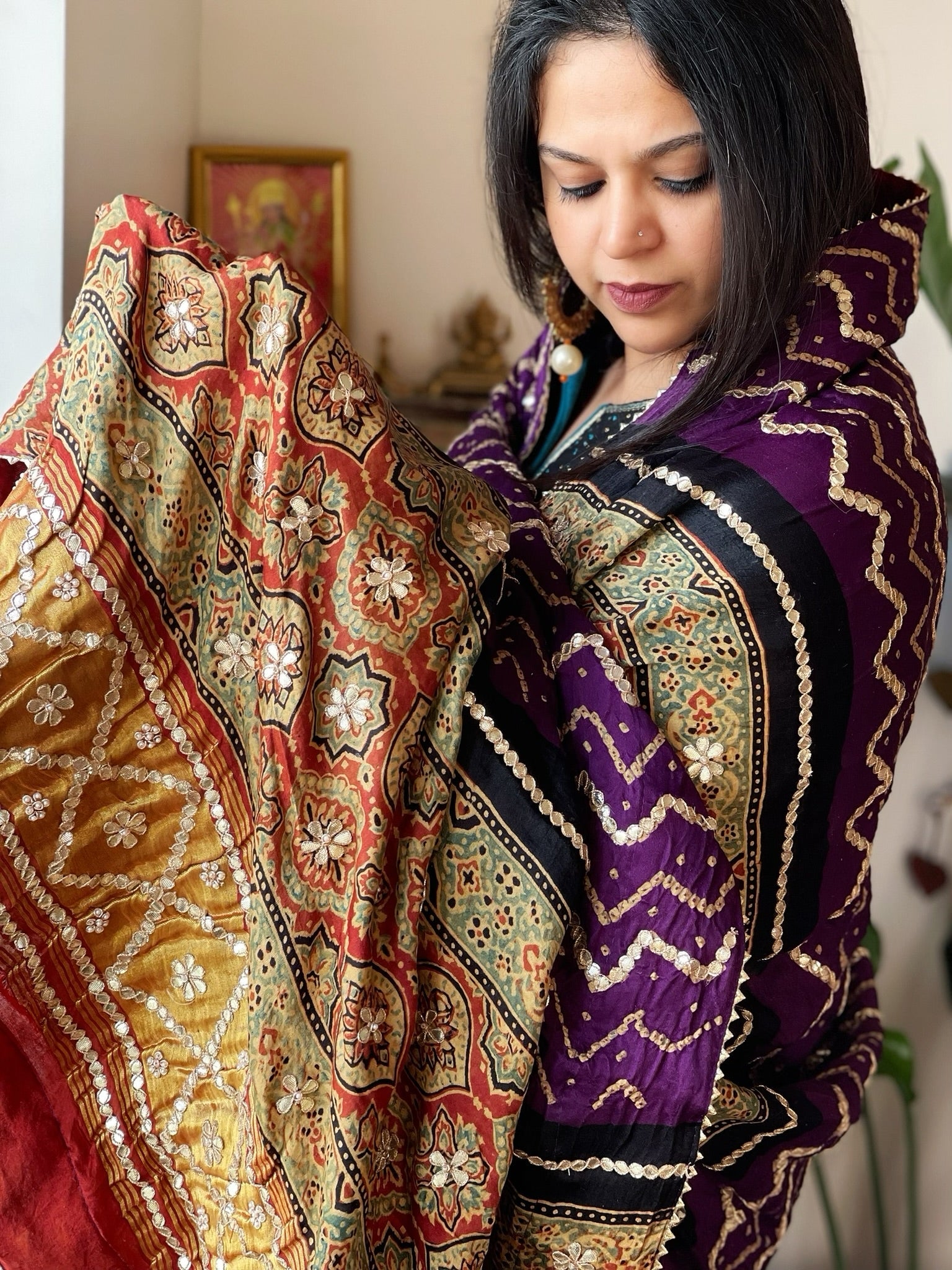 Purple Rai Bandhani, Ajrakh Dupatta with Gotapatti Handwork in Gajji Silk - Masakalee