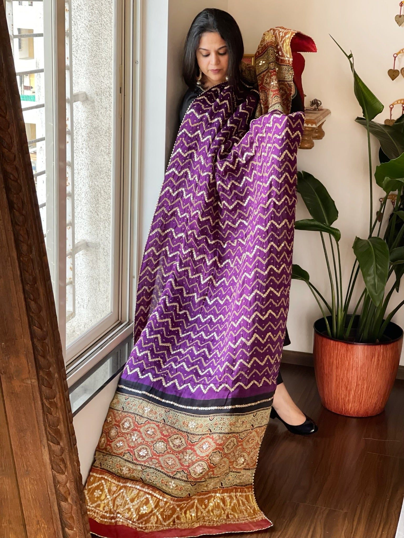 Purple Rai Bandhani, Ajrakh Dupatta with Gotapatti Handwork in Gajji Silk - Masakalee