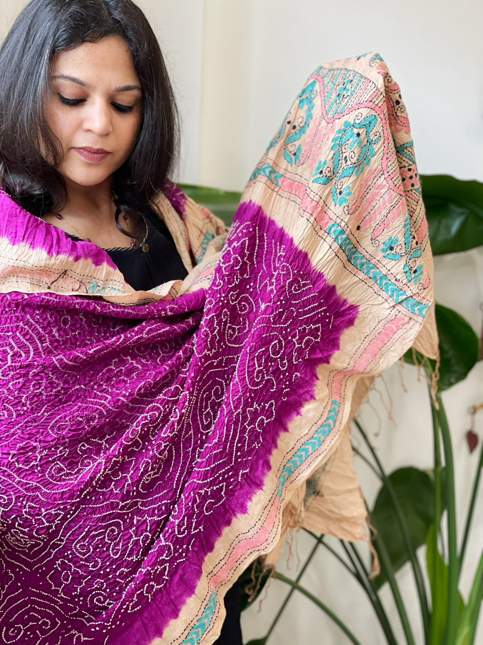 Purple Rai Bandhej Dupatta with Kantha Handwork in Pure Munga Tussar Silk - Masakalee