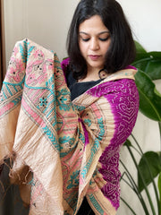 Purple Rai Bandhej Dupatta with Kantha Handwork in Pure Munga Tussar Silk - Masakalee