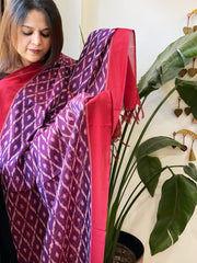 Purple, Red Handwoven Ikat Dupatta in Cotton - Masakalee