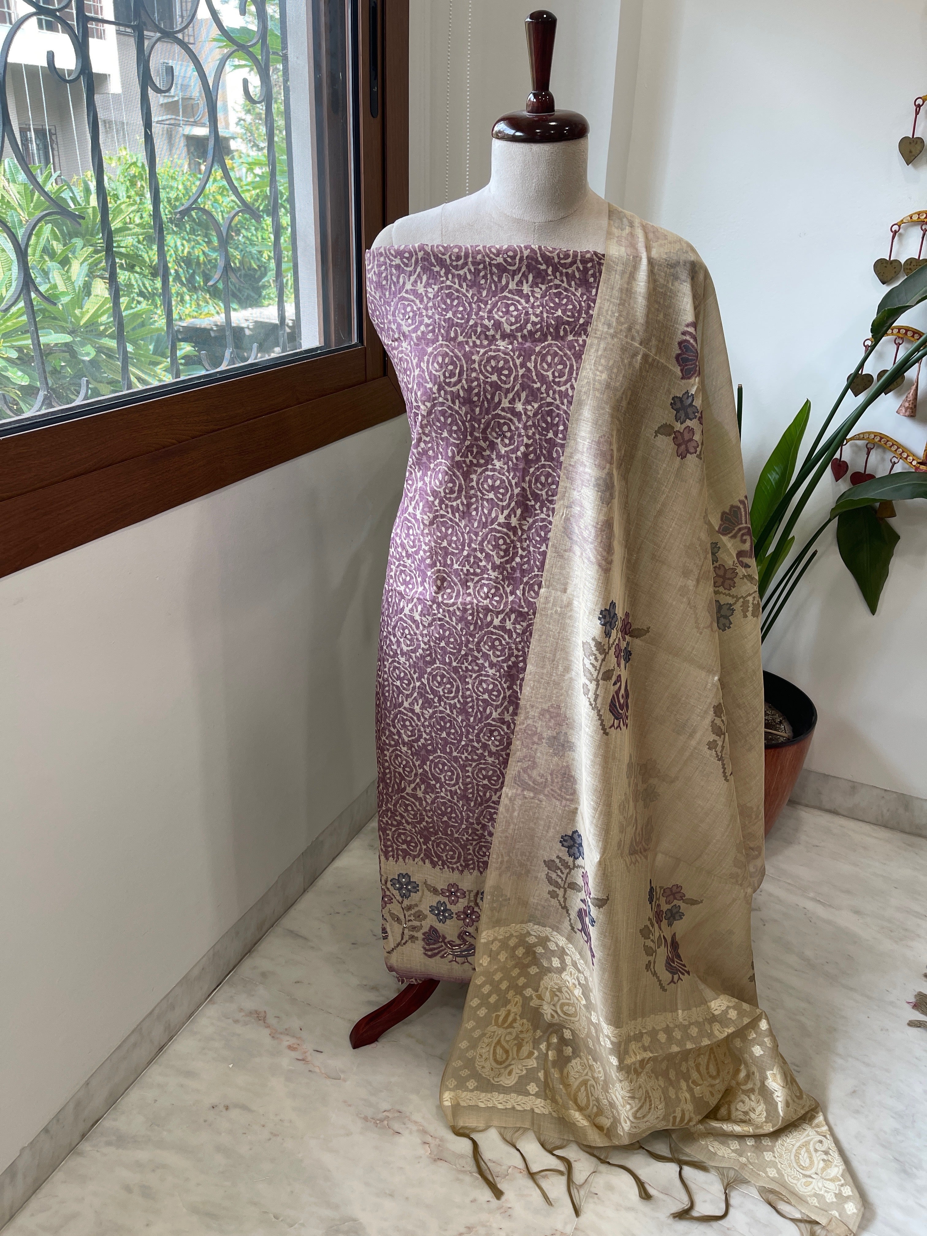 Purple Suit Set with Block Print with Jamdani Dupatta in Chanderi - Masakalee