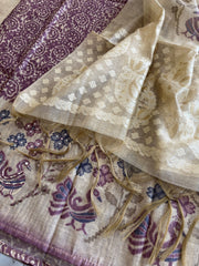 Purple Suit Set with Block Print with Jamdani Dupatta in Chanderi - Masakalee