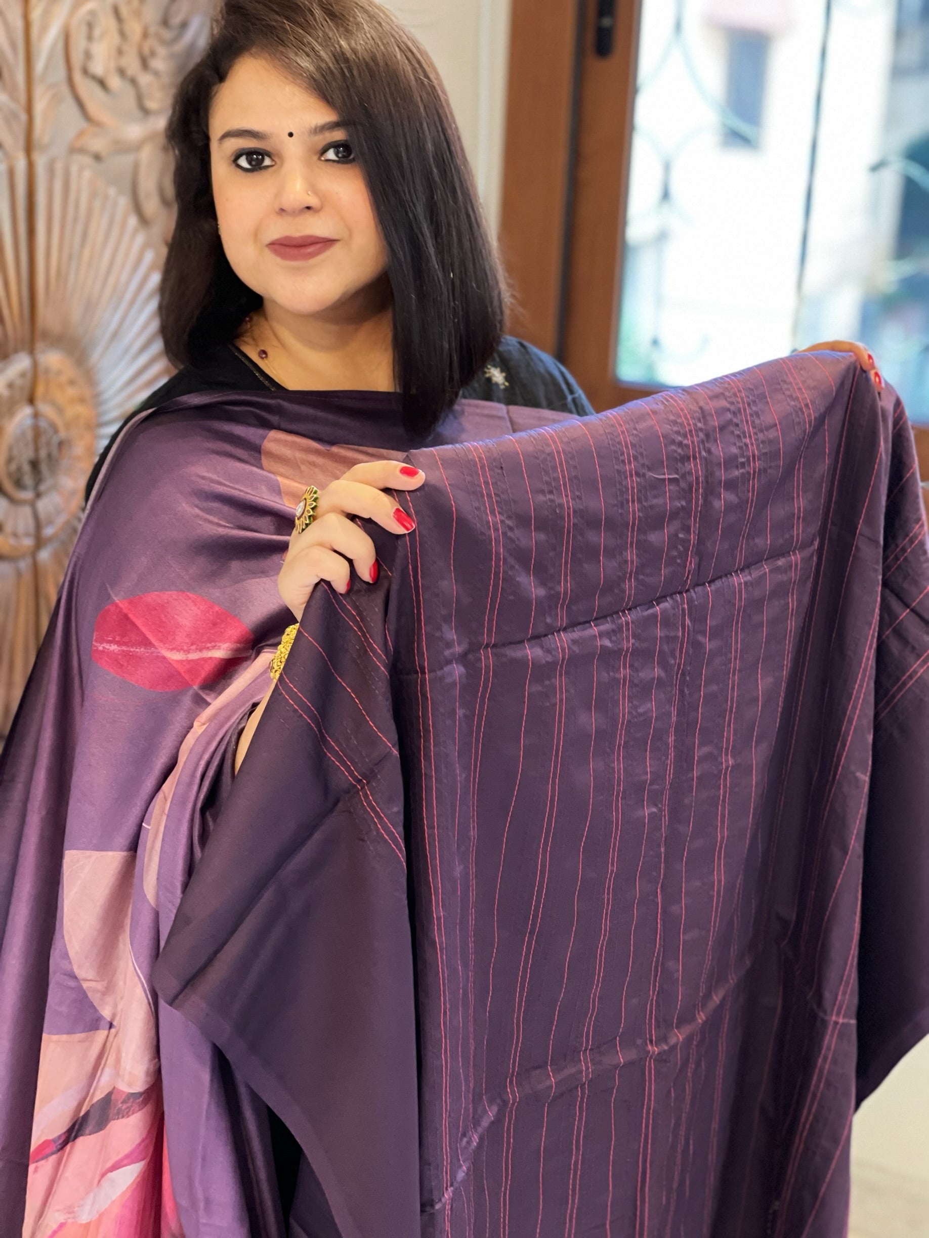 Purple Suit Set with Kantha Stitch Work on Glazed Cotton - Masakalee