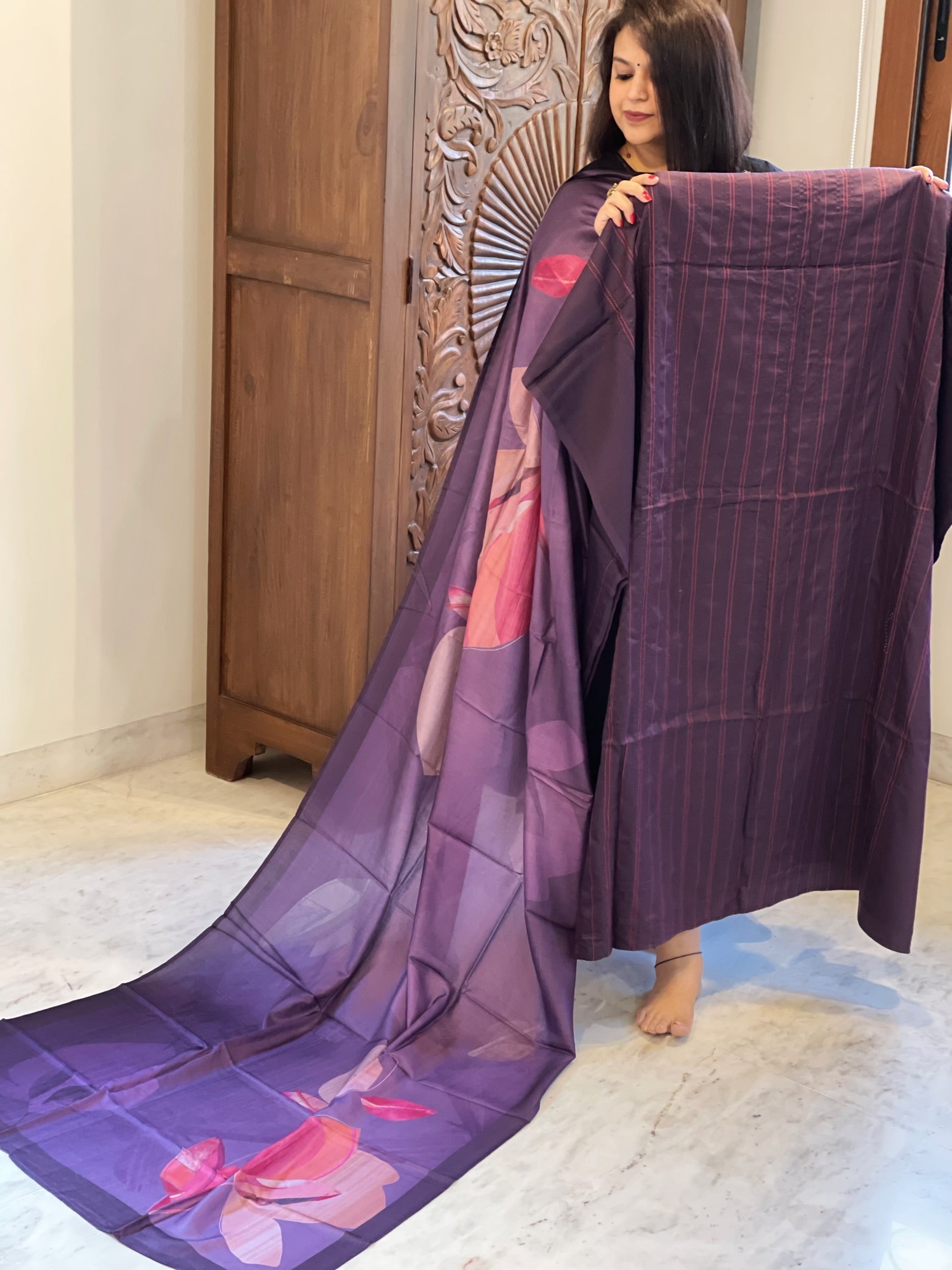 Purple Suit Set with Kantha Stitch Work on Glazed Cotton - Masakalee