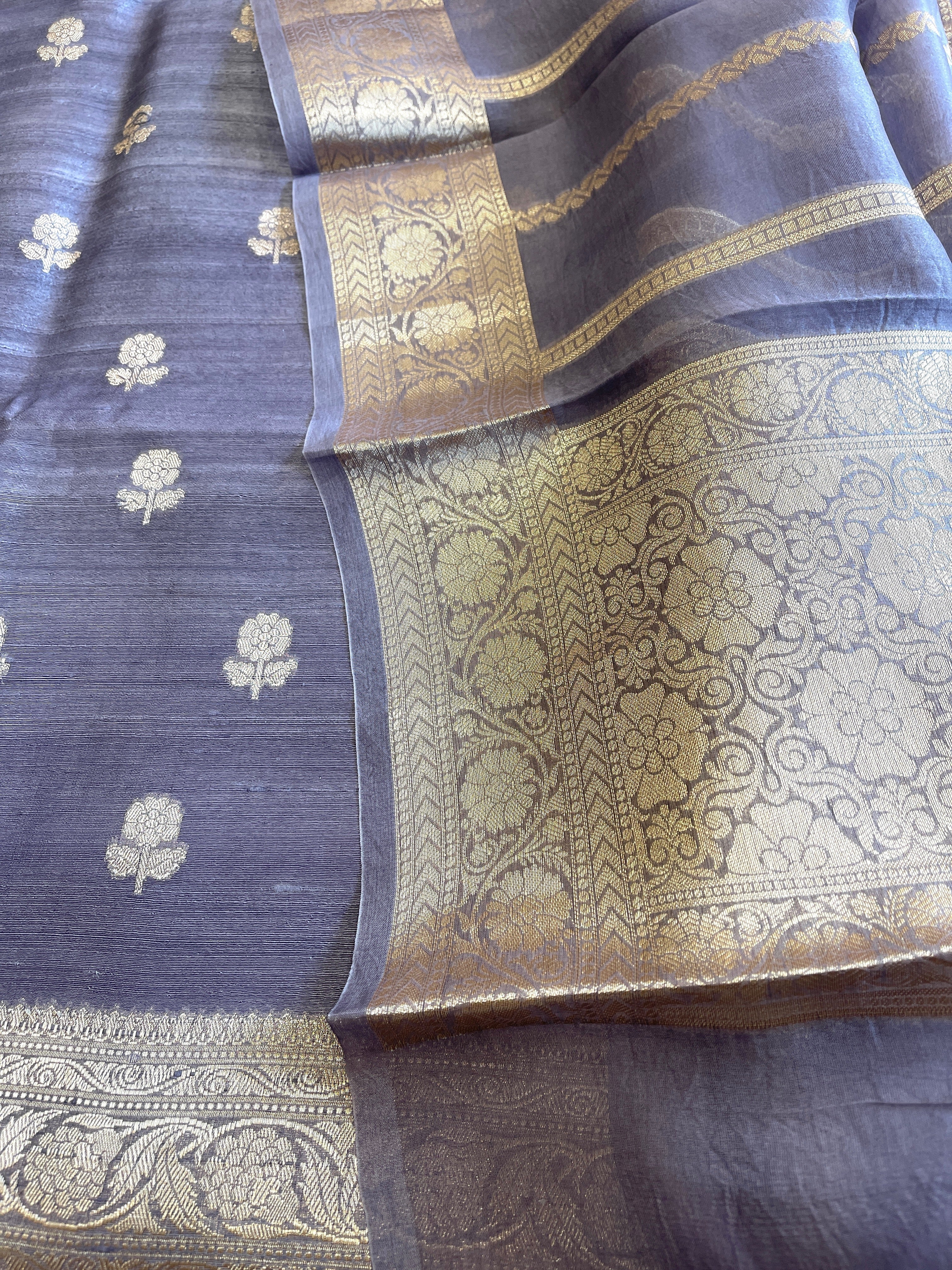 Purplish Blue Designer Banarasi Suit Set in Raw Silk - Masakalee